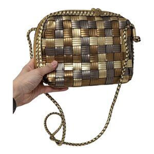 Vintage CEM Woven Braided Leather Metallic Gold Purse Crossbody Shoulder Bag